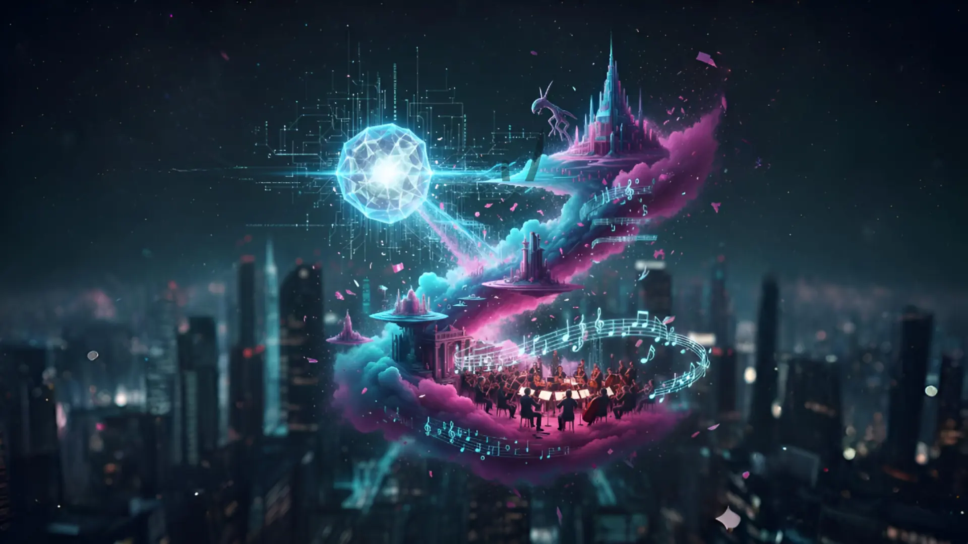 Generative AI music creation cityscape in teal and purple
